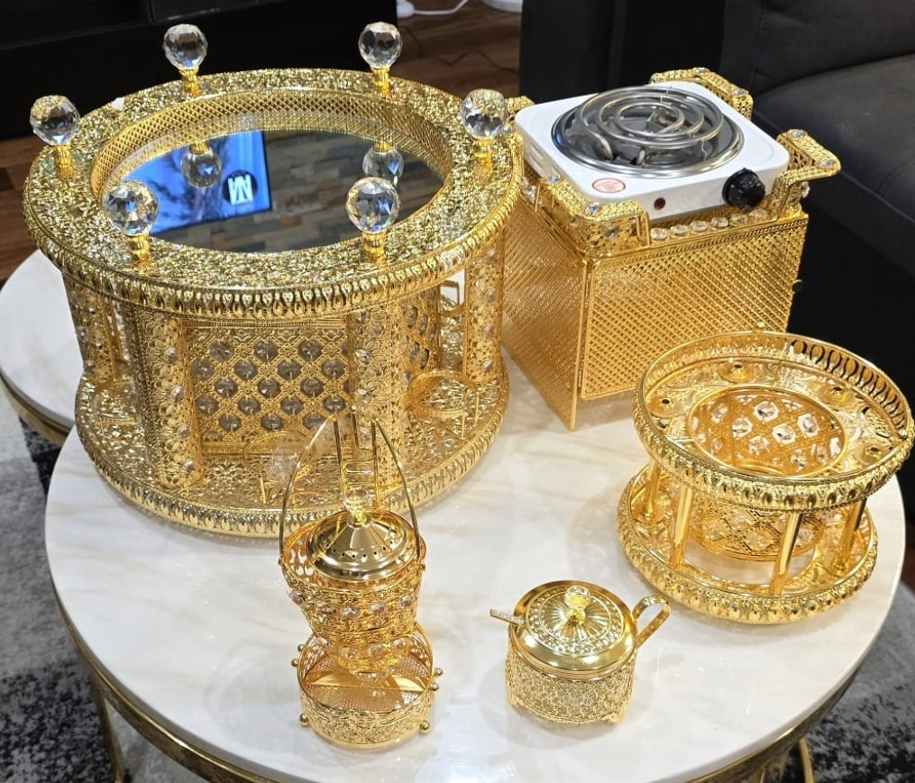 Golden circle Habesha coffee table set with extra electric stove, stove holder and electric coffee grinder