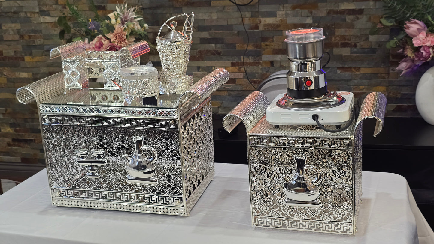 Silver square Habesha coffee table set with extra electric stove, stove holder and electric coffee grinder