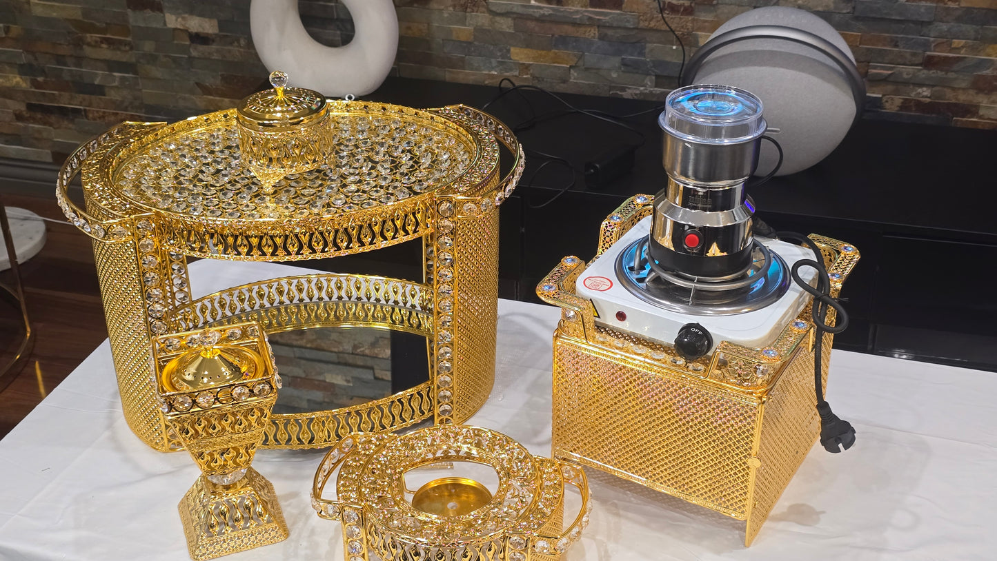 Golden oval Habesha coffee table set with extra electric stove, stove holder and electric coffee grinder