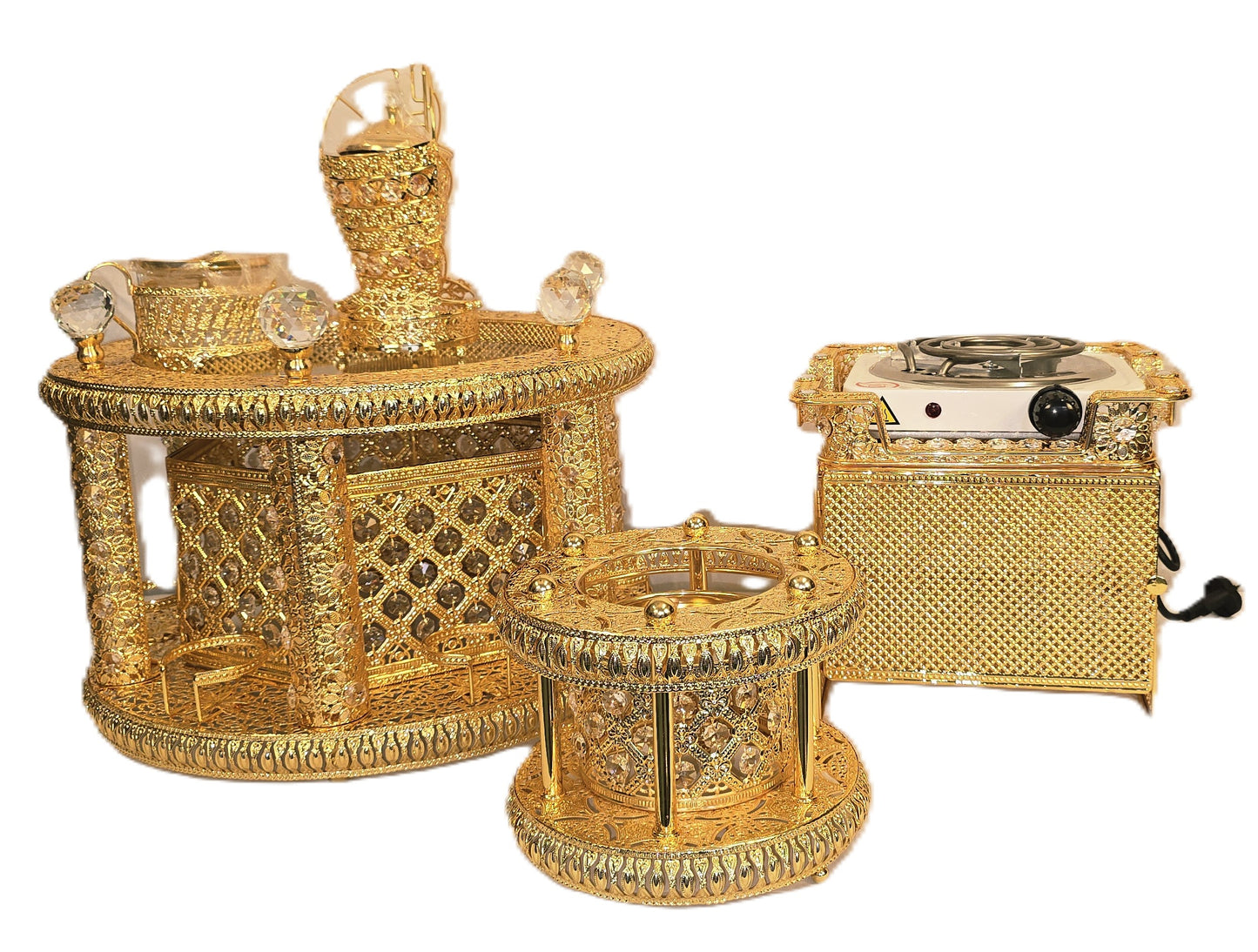 Golden circle Habesha coffee table set with extra electric stove, stove holder and electric coffee grinder