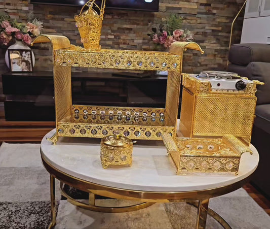 Golden square Habesha coffee table set with extra electric stove, stove holder and electric coffee grinder