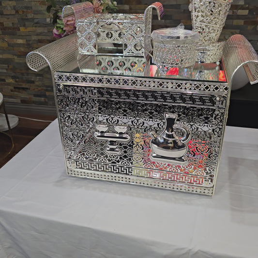Silver square Habesha coffee table set with extra electric stove, stove holder and electric coffee grinder