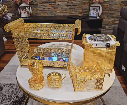 Golden Habesha coffee table set with extra electric stove, stove holder and electric coffee grinder