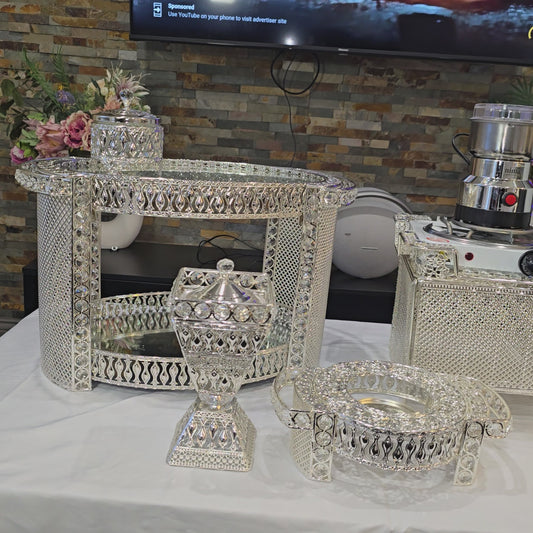 Silver oval Habesha coffee table set with extra electric stove, stove holder and electric coffee grinder