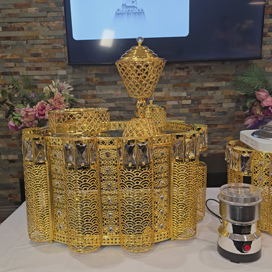 Golden oval Habesha coffee table set with extra electric stove, stove holder and electric coffee grinder