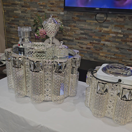 Silver oval Habesha coffee table set with extra electric stove, stove holder and electric coffee grinder