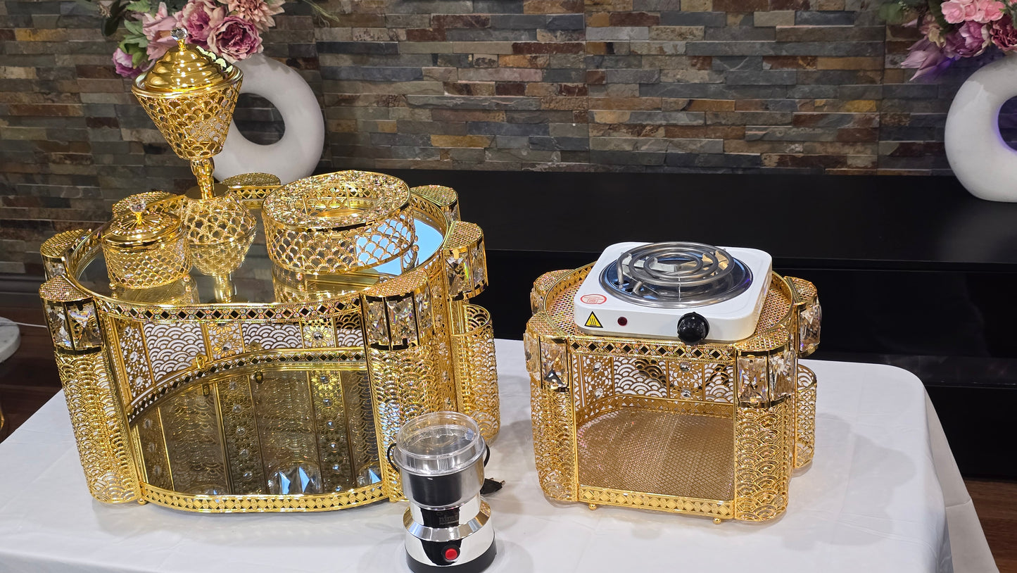 Golden oval Habesha coffee table set with extra electric stove, stove holder and electric coffee grinder