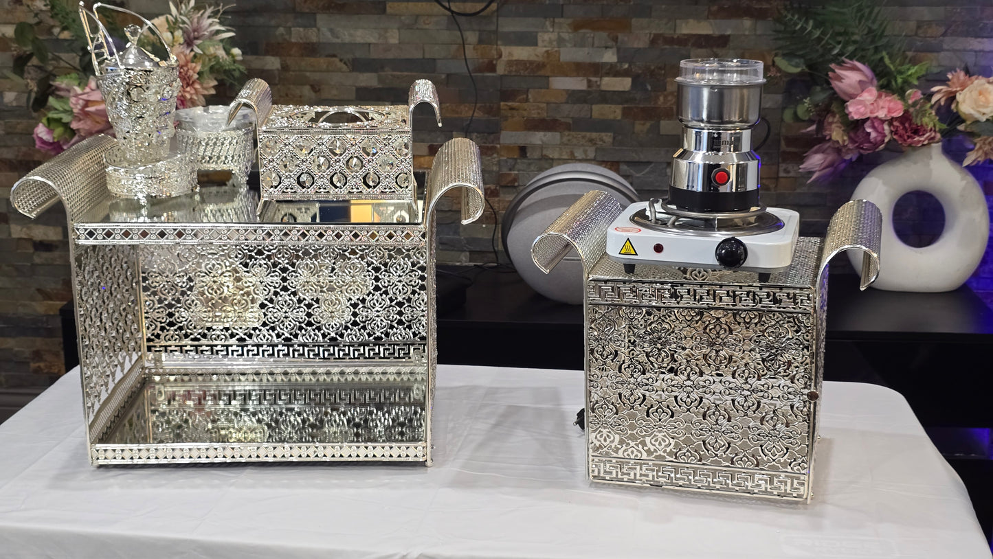 Silver square Habesha coffee table set with extra electric stove, stove holder and electric coffee grinder