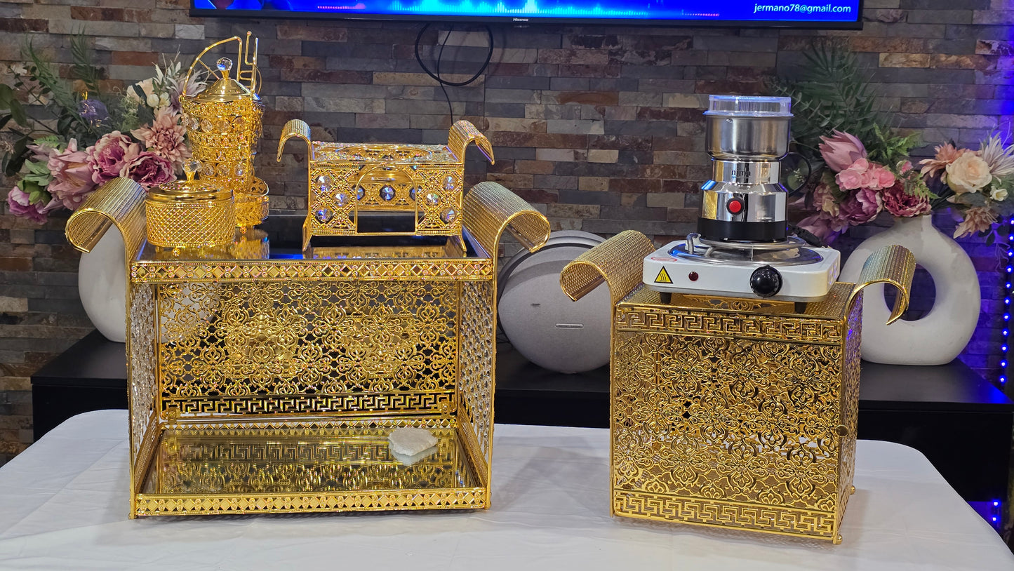 Golden Habesha coffee table set with extra electric stove, stove holder and electric coffee grinder