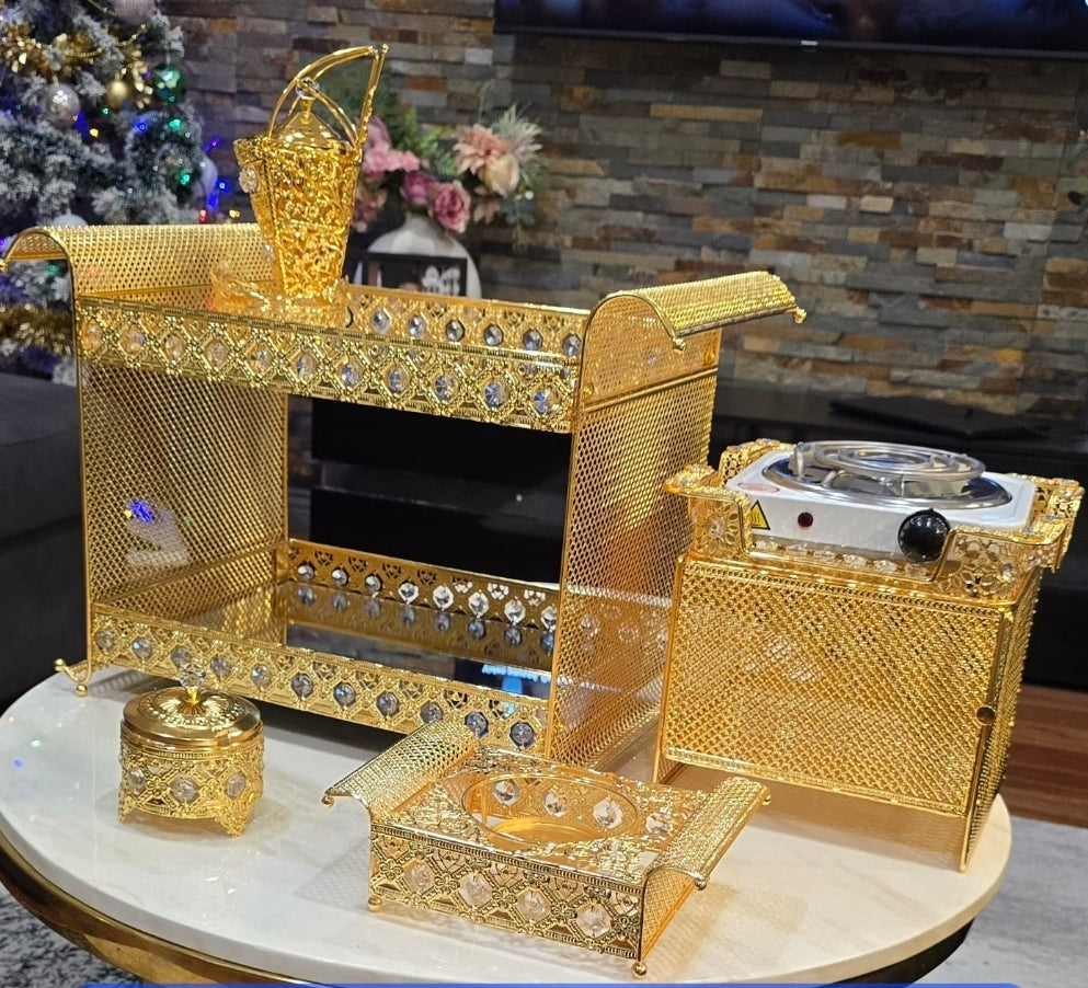 Golden square Habesha coffee table set with extra electric stove, stove holder and electric coffee grinder