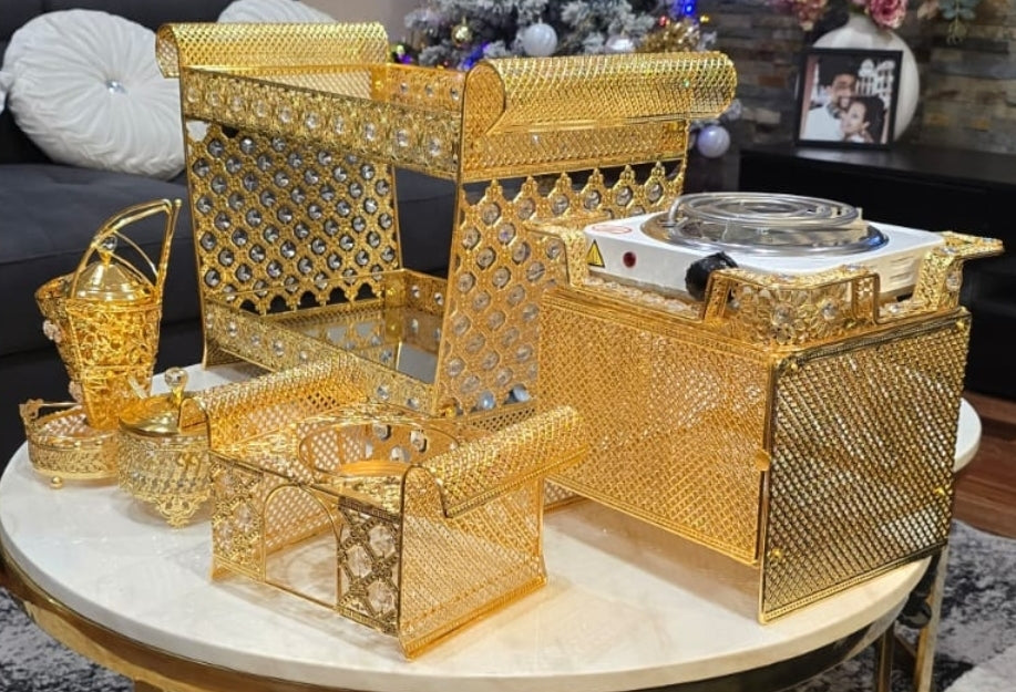 Golden Habesha coffee table set with extra electric stove, stove holder and electric coffee grinder