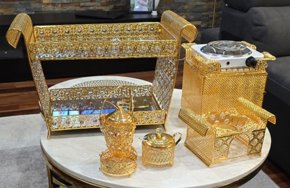 Golden Habesha coffee table set with extra electric stove, stove holder and electric coffee grinder