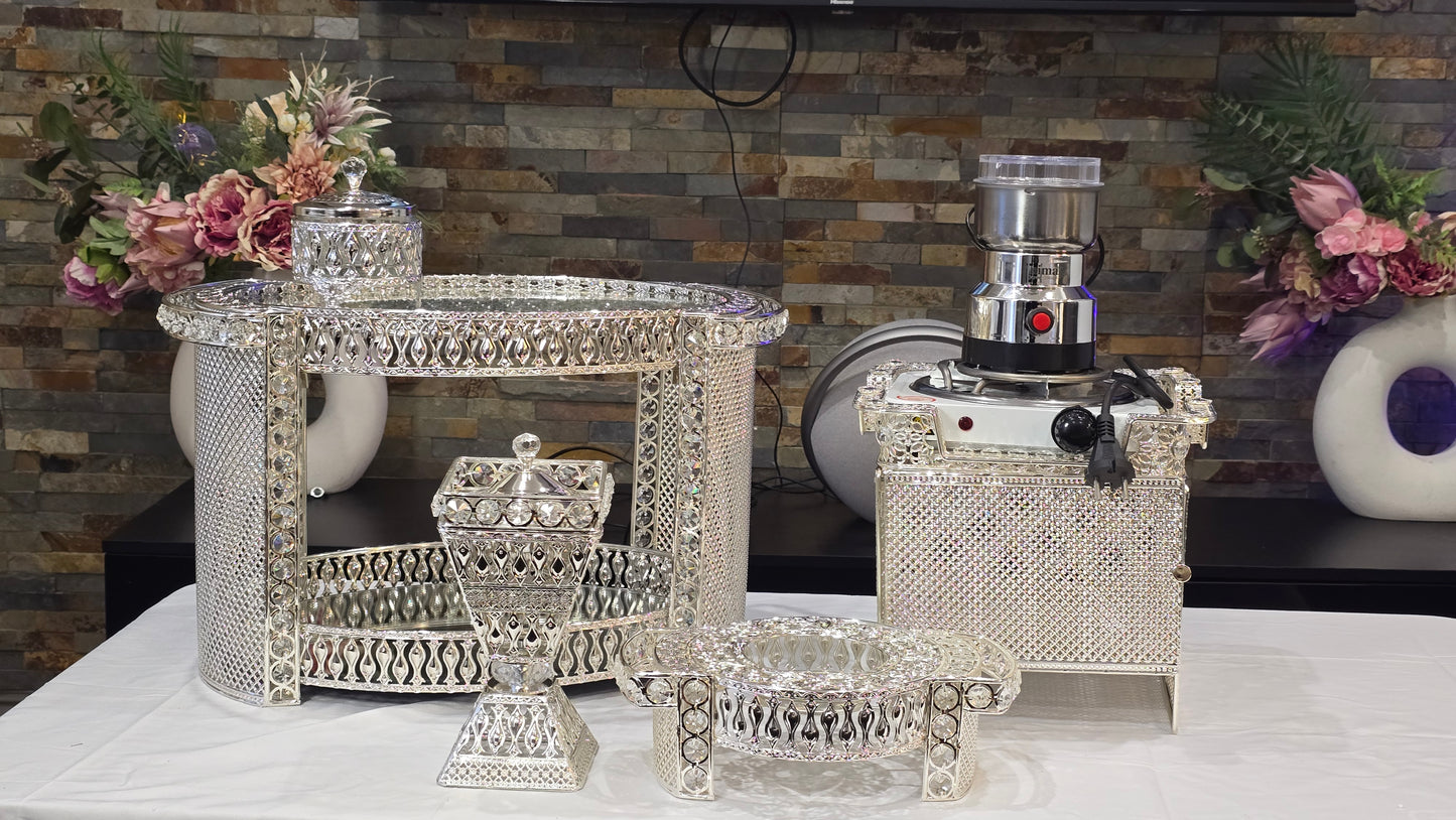 Silver oval Habesha coffee table set with extra electric stove, stove holder and electric coffee grinder