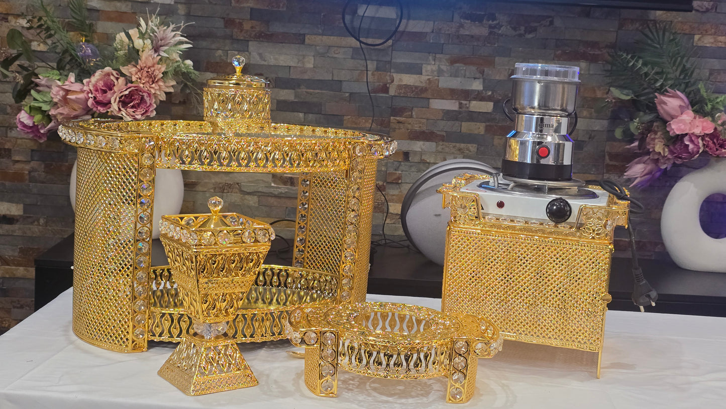 Golden oval Habesha coffee table set with extra electric stove, stove holder and electric coffee grinder