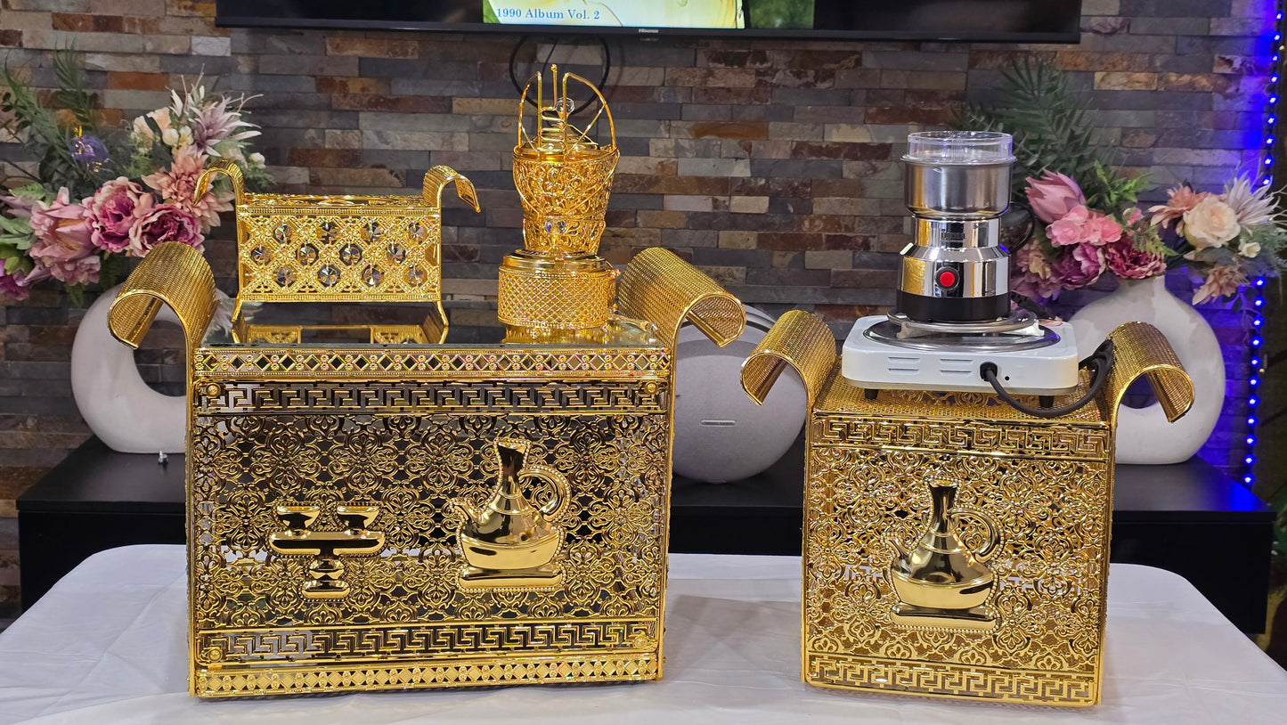 Golden Habesha coffee table set with extra electric stove, stove holder and electric coffee grinder