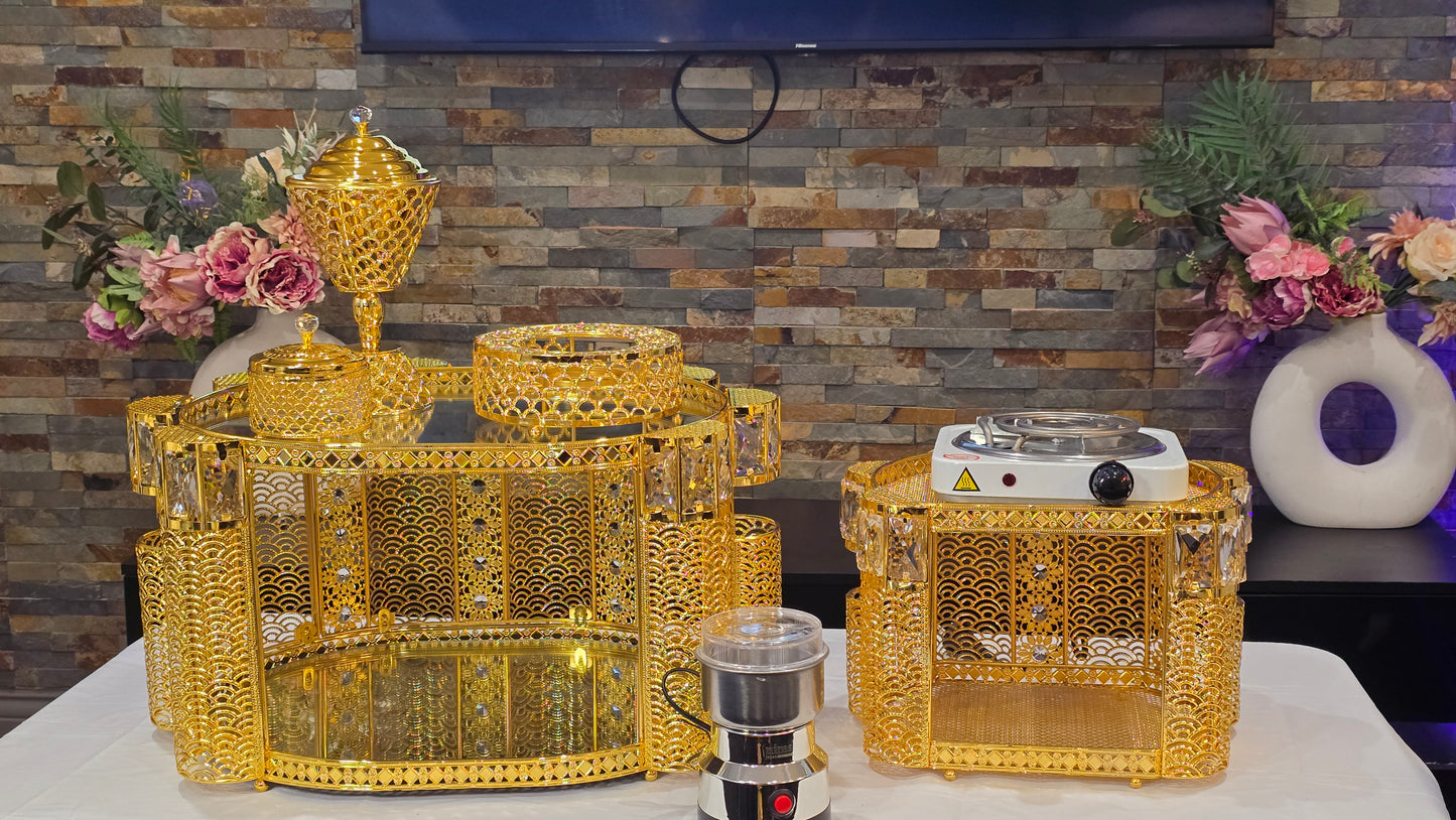 Golden oval Habesha coffee table set with extra electric stove, stove holder and electric coffee grinder