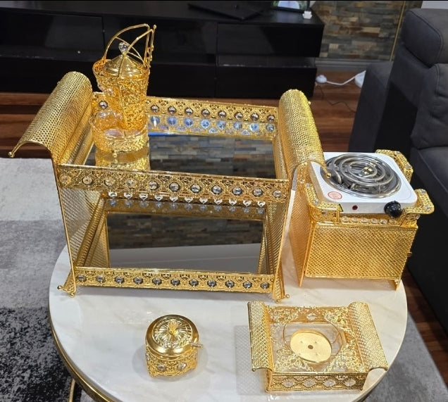 Golden square Habesha coffee table set with extra electric stove, stove holder and electric coffee grinder