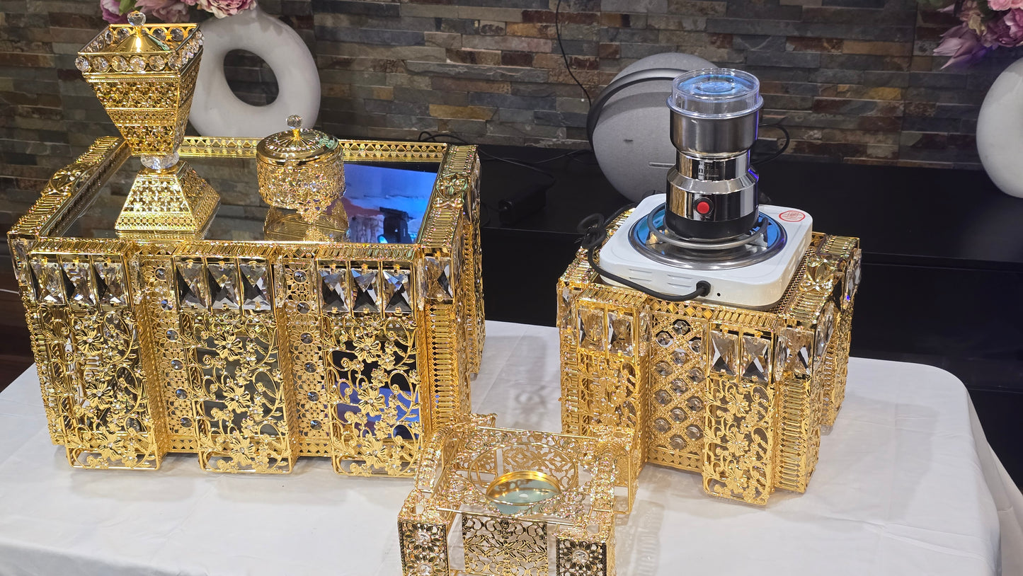 Golden square Habesha coffee table set with extra electric stove, stove holder and electric coffee grinder