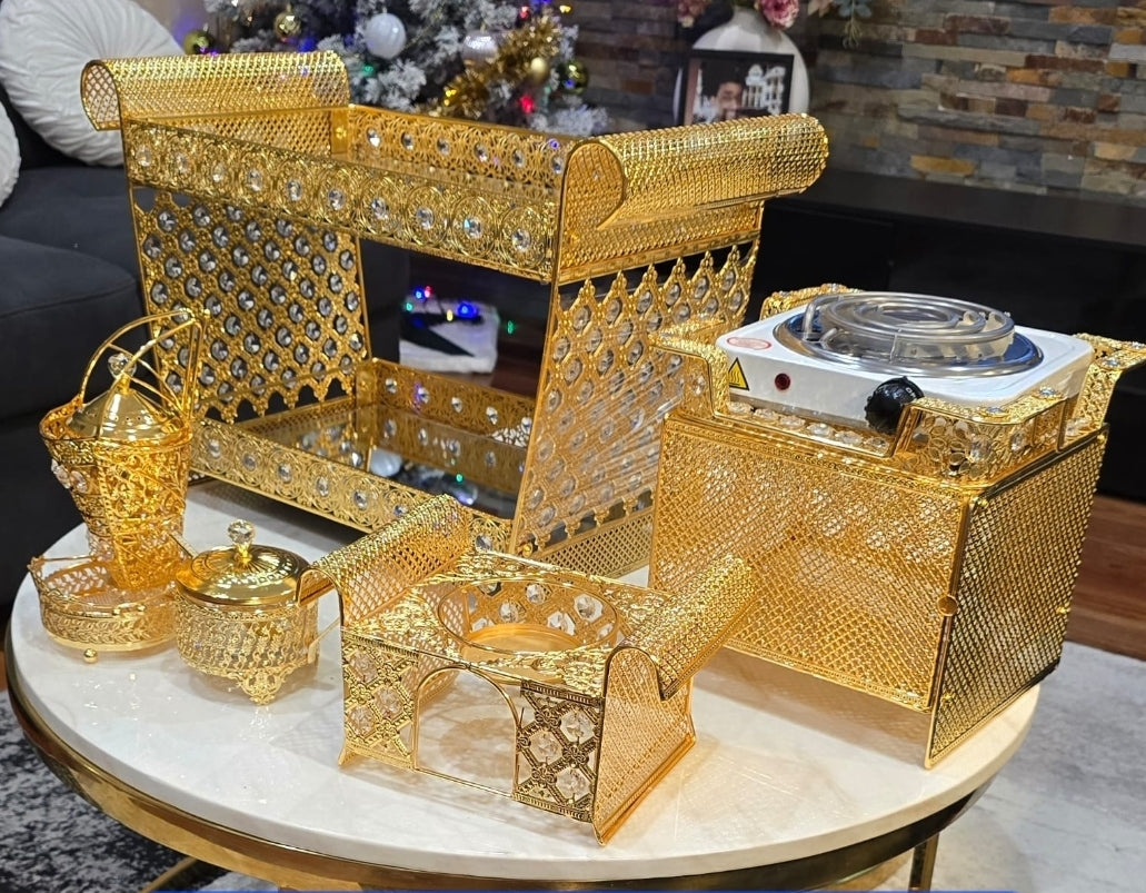 Golden Habesha coffee table set with extra electric stove, stove holder and electric coffee grinder