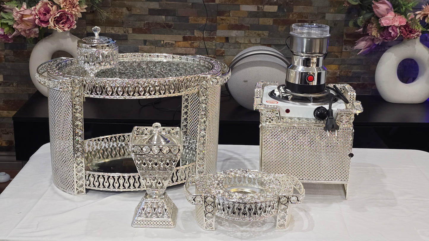 Silver oval Habesha coffee table set with extra electric stove, stove holder and electric coffee grinder