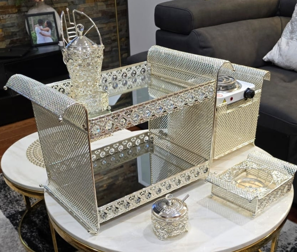 Silver square Habesha coffee table set with extra electric stove, stove holder and electric coffee grinder