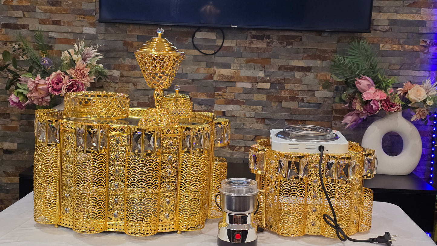 Golden oval Habesha coffee table set with extra electric stove, stove holder and electric coffee grinder