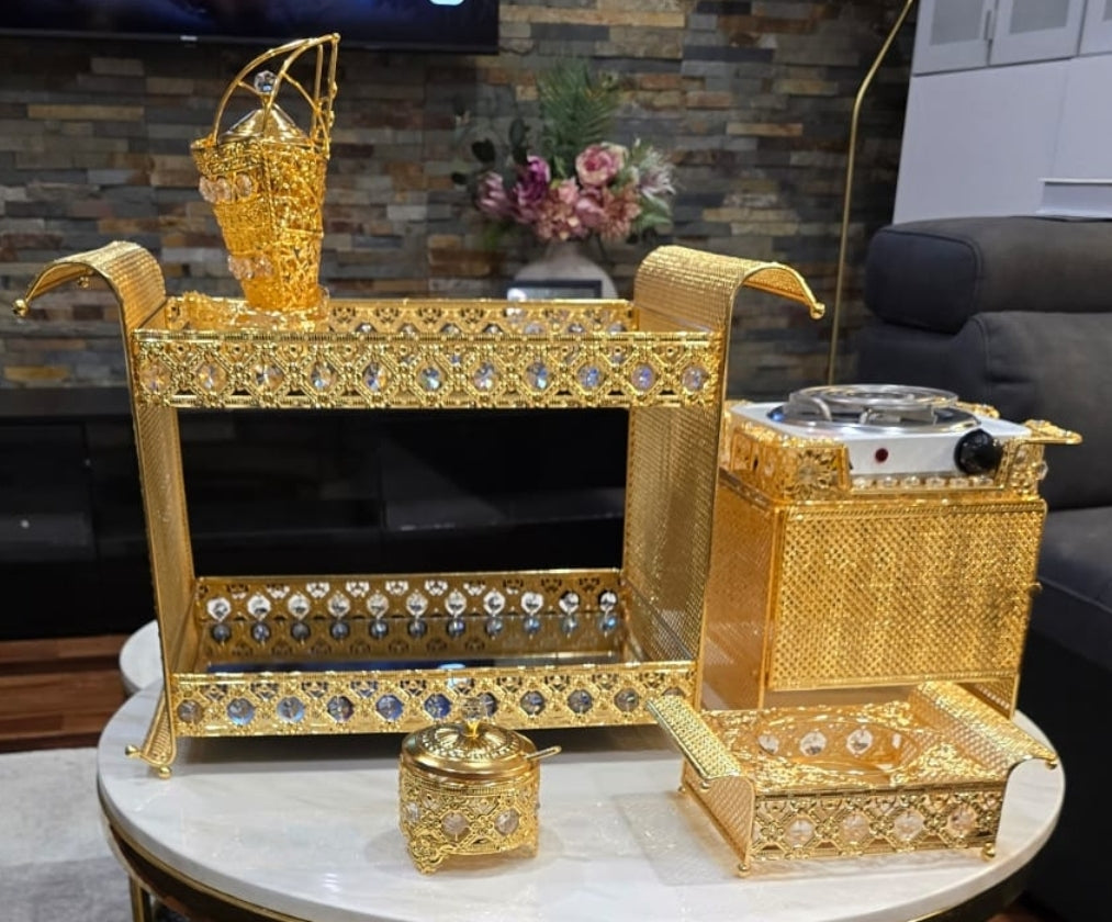Golden square Habesha coffee table set with extra electric stove, stove holder and electric coffee grinder