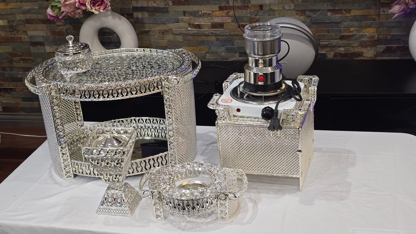 Silver oval Habesha coffee table set with extra electric stove, stove holder and electric coffee grinder