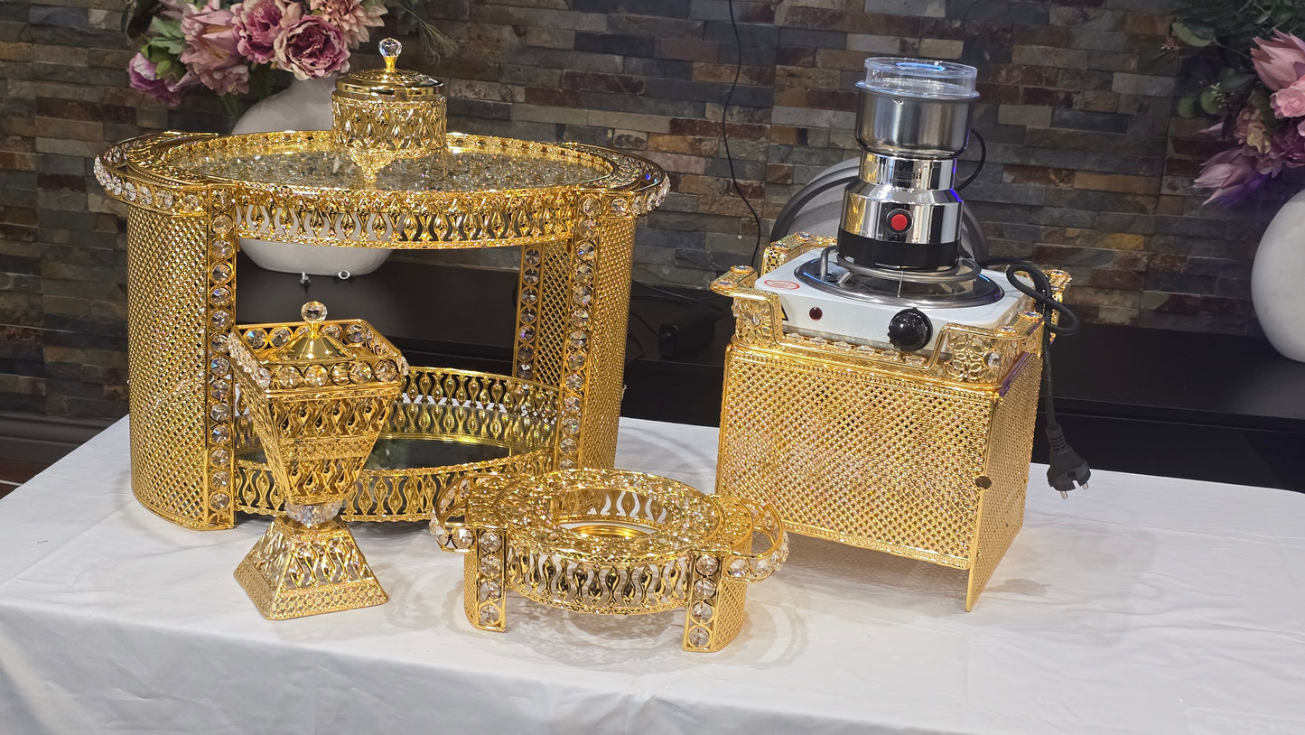 Golden oval Habesha coffee table set with extra electric stove, stove holder and electric coffee grinder