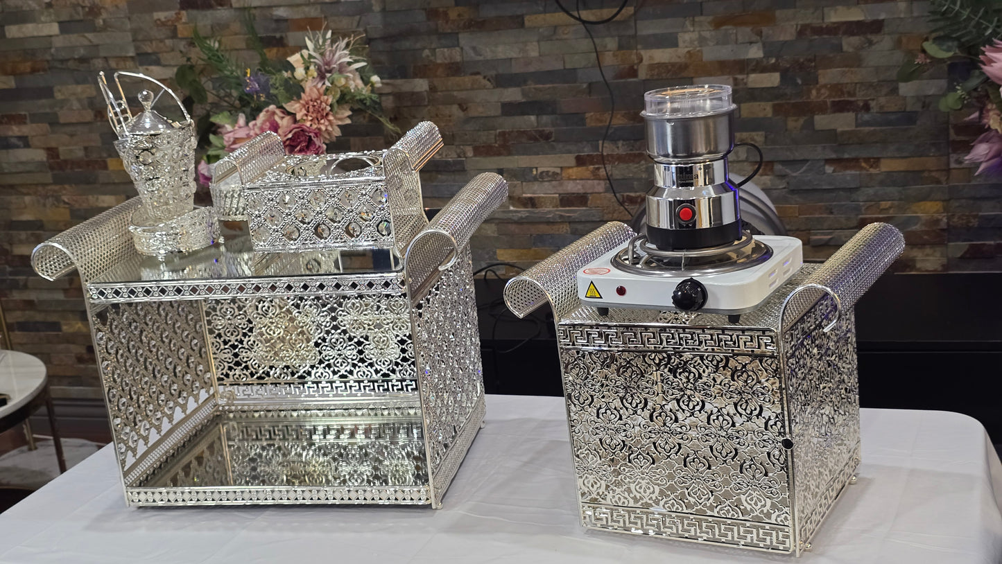 Silver square Habesha coffee table set with extra electric stove, stove holder and electric coffee grinder