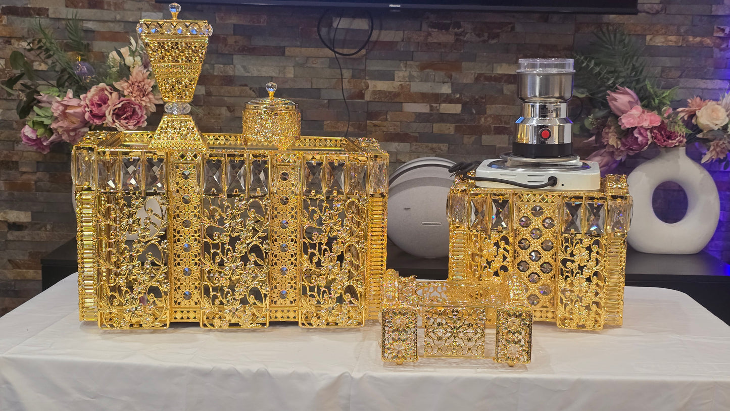 Golden square Habesha coffee table set with extra electric stove, stove holder and electric coffee grinder