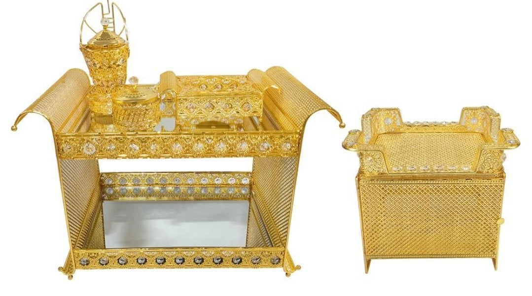 Golden square Habesha coffee table set with extra electric stove, stove holder and electric coffee grinder