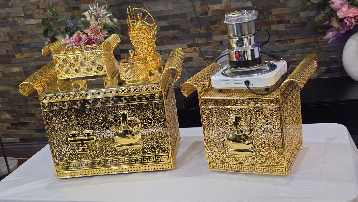 Golden Habesha coffee table set with extra electric stove, stove holder and electric coffee grinder