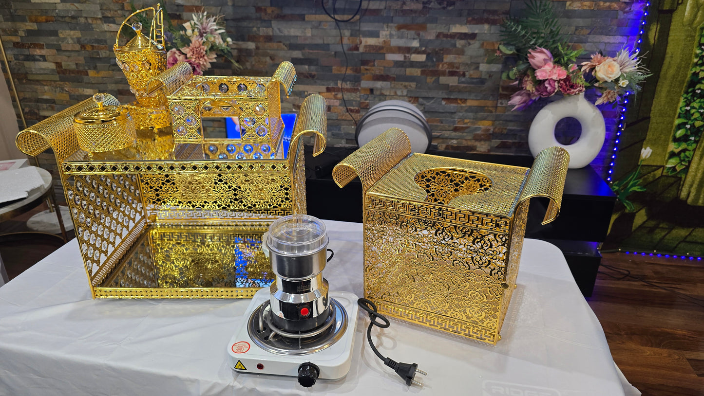 Golden Habesha coffee table set with extra electric stove, stove holder and electric coffee grinder