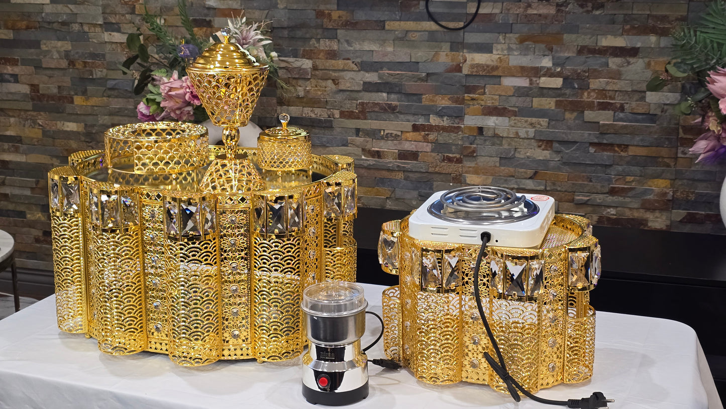 Golden oval Habesha coffee table set with extra electric stove, stove holder and electric coffee grinder