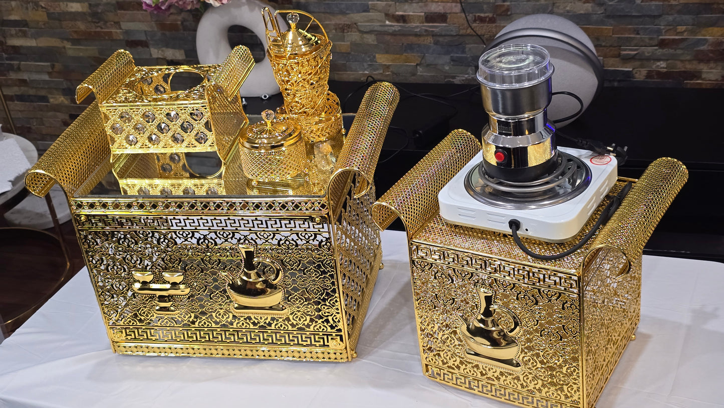 Golden Habesha coffee table set with extra electric stove, stove holder and electric coffee grinder