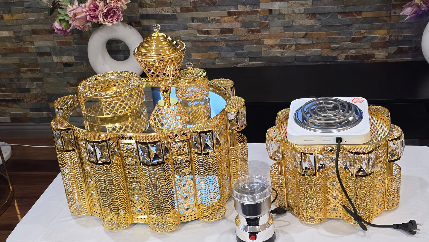 Golden oval Habesha coffee table set with extra electric stove, stove holder and electric coffee grinder
