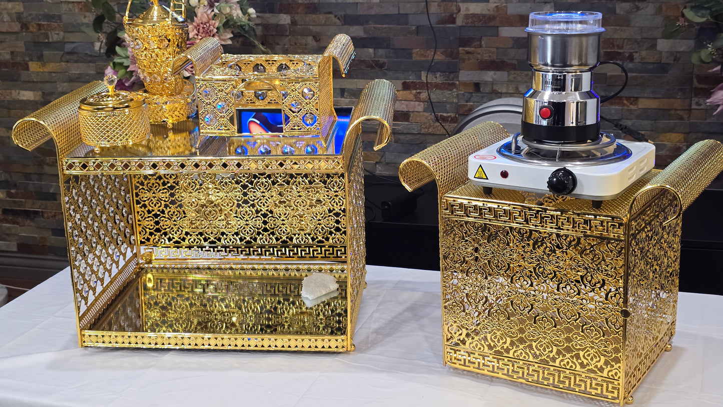 Golden Habesha coffee table set with extra electric stove, stove holder and electric coffee grinder