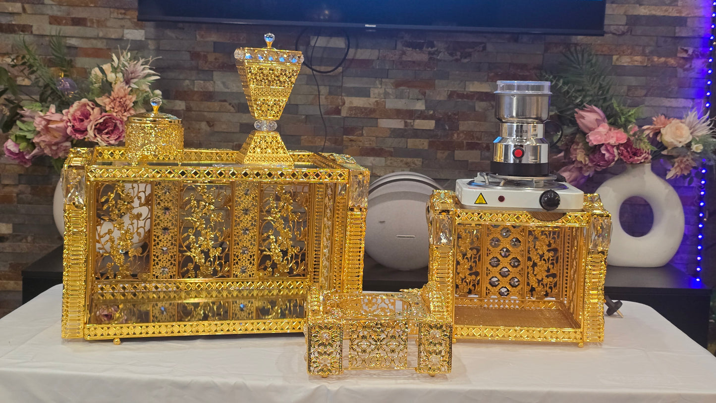 Golden square Habesha coffee table set with extra electric stove, stove holder and electric coffee grinder