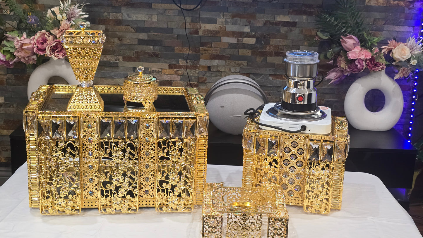 Golden square Habesha coffee table set with extra electric stove, stove holder and electric coffee grinder