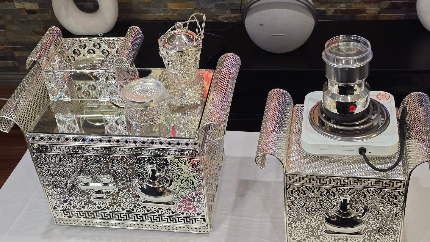 Silver square Habesha coffee table set with extra electric stove, stove holder and electric coffee grinder