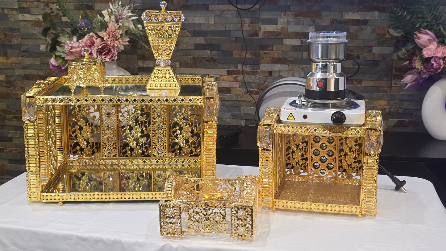 Golden square Habesha coffee table set with extra electric stove, stove holder and electric coffee grinder