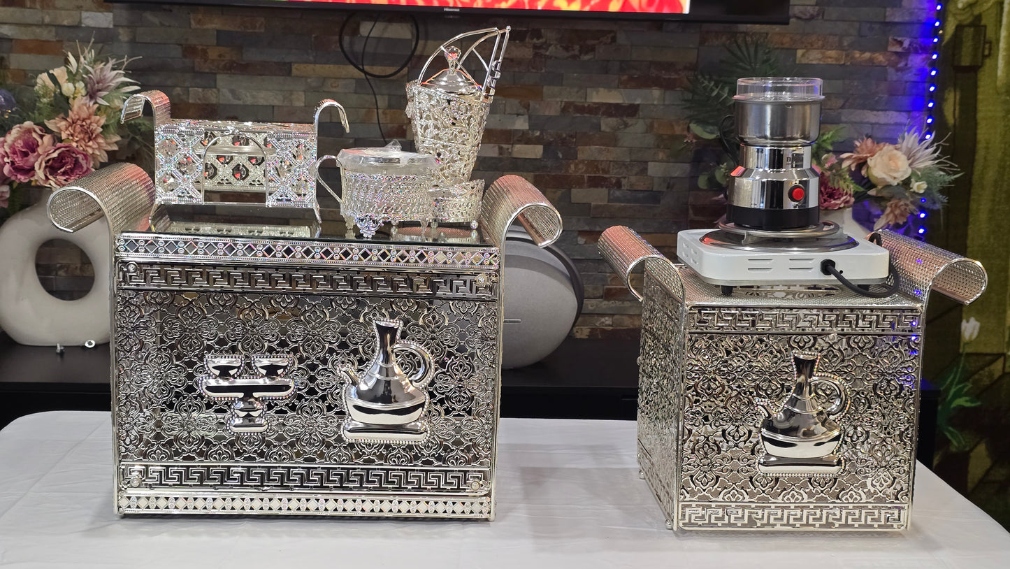 Silver square Habesha coffee table set with extra electric stove, stove holder and electric coffee grinder